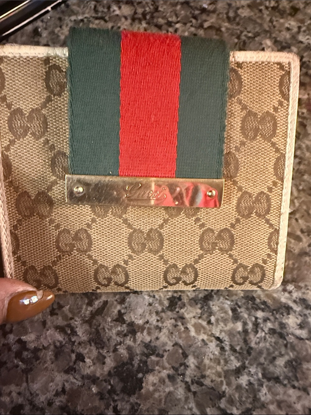 Gucci Beige GG Canvas Wallet with Green and Red Web Stripe and Gold Plaque